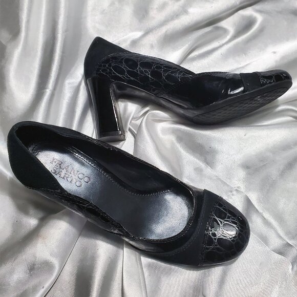FRANCO SARTO black suede patent croc thick high heel classy pumps SZ 8 - Picture 3 of 5